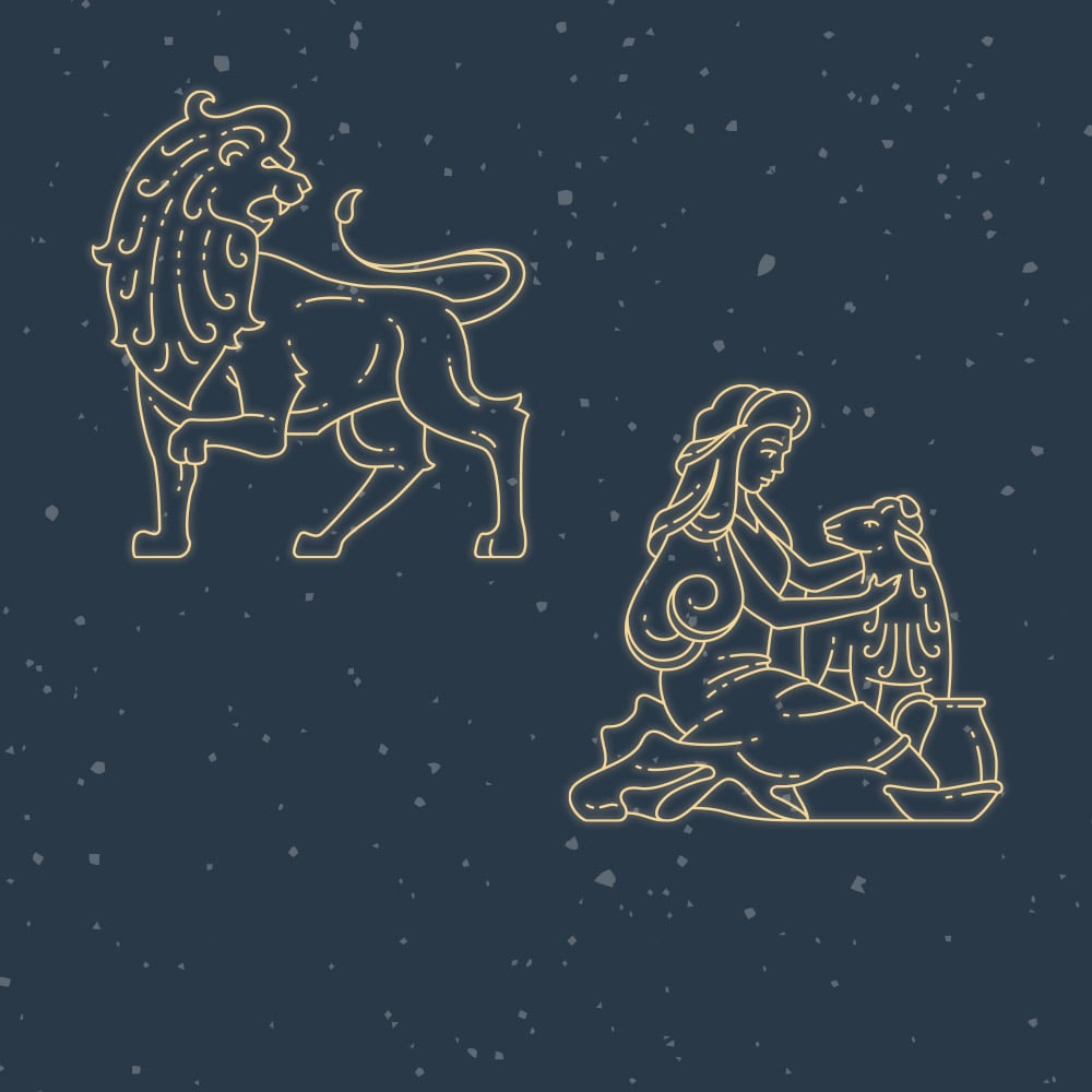 Two zodiac signs glow on a starry night sky. The left depicts a lion standing majestically, and the right shows a woman gently holding a lamb, symbolizing Leo and Virgo.