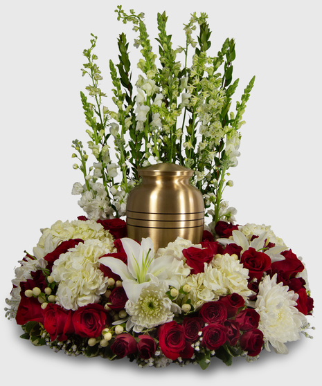 Red And White Wreath Of Flowers For Cremation Urn