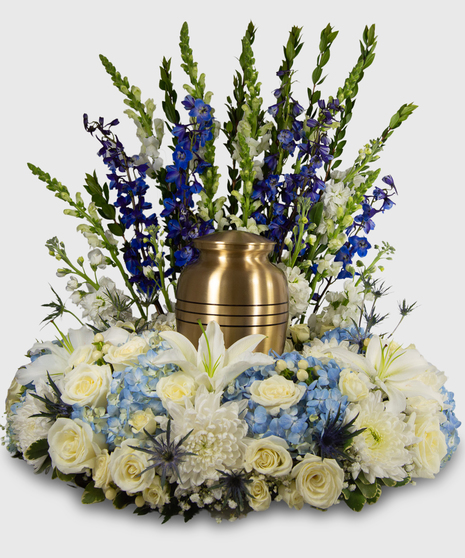 Blue and White Wreath Of Flowers For Cremation Urn