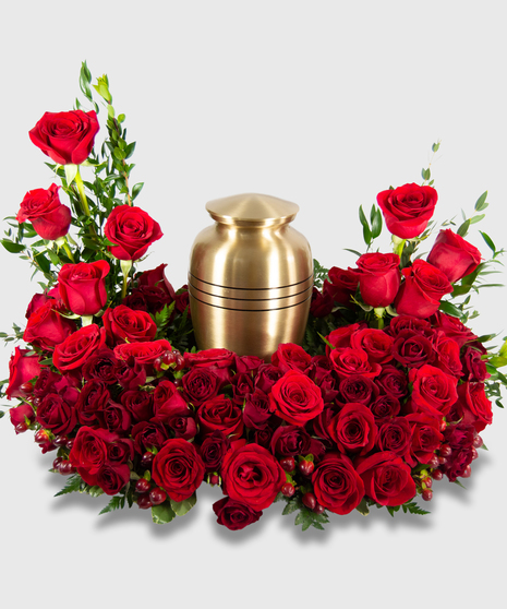 Wreath Of Red Roses And Flowers For Cremation Urn