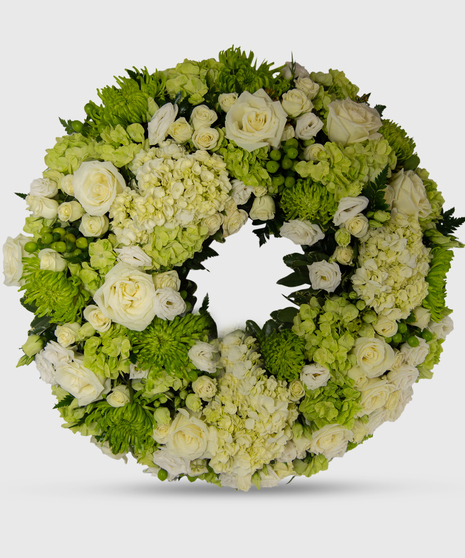 Funeral Wreath Designed with Green and White Flowers