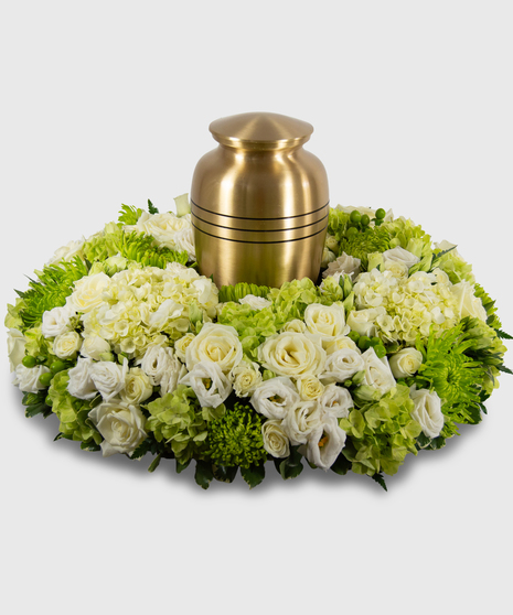 Wreath Of White And Green Flowers For Cremation Urn