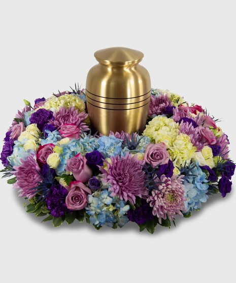 Blue, Purple and White Wreath Of Flowers For Cremation Urn