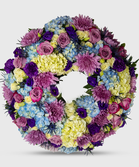 Purple, Blue And White Wreath Of Flowers For Cremation Urn