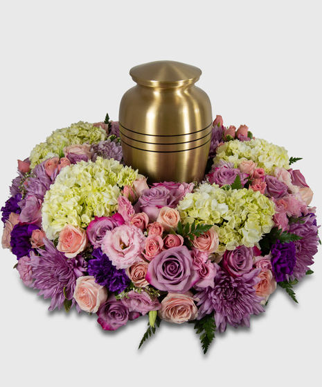 Pink, Purple And White Wreath Of Flowers For Cremation Urn