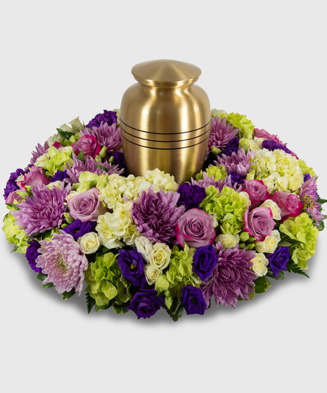 Wreath Of White, Purple and Green Flowers For Cremation Urn