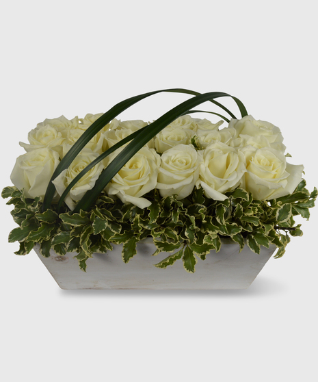 White roses displayed in a white wooden box.