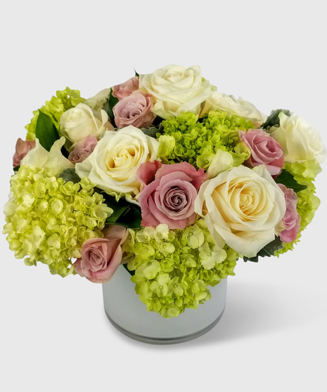 Creme roses, pink roses and green hydrangea in a white glass vase.