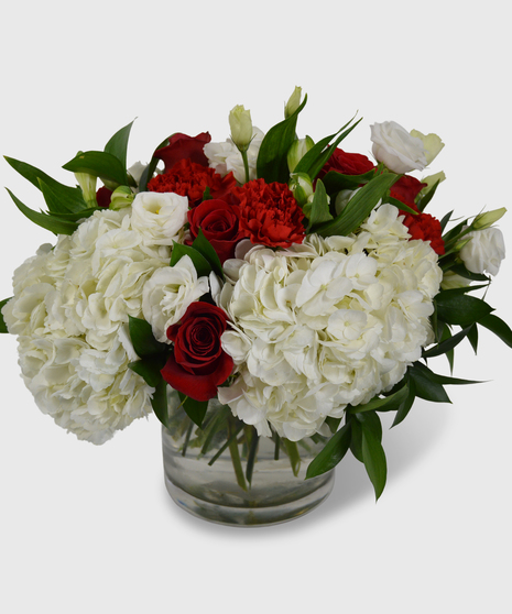 White hydrangea, red roses, carnations and greenery in a stylish cylinder vase.