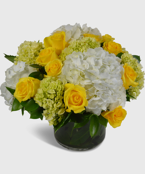 A short leaf-lined cylinder vase filled with green and white hydrangea and yellow roses